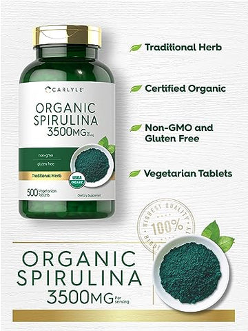 Spirulina Orgânica em Comprimidos 3500mg | 500 Unidades | Não-OGM - Carlyle