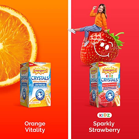 Kidz Crystals – Suplemento Imunológico On-the-Go com Vitamina C, Vitaminas B, Zinco e Manganês, Sabor Morango Brilhante – 56 Sachês Stick - Emergen-C
