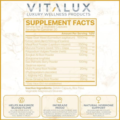 EPN Supplements - VITALUX || Fórmula Ultra Potente com 8 Ingredientes Poderosos || Saúde Feminina, Humor, Fluxo Sanguíneo Otimizado | Testado por Terceiros nos EUA