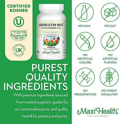 Quercetin 500mg com Zinco 30mg, Vitamina C 1000mg, Vitamina D 2500 UI, Sabugueiro 125mg – Suplemento Vegetariano para Adultos Certificado Kosher – 90 Cápsulas Vegetais - Maxi Health