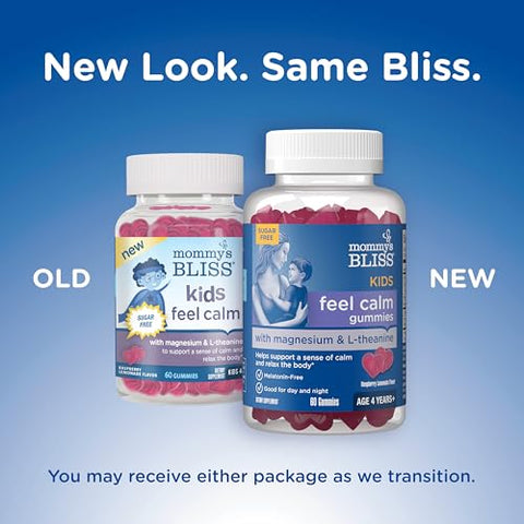 Mommy's Bliss - Mommy’s Bliss Kids Feel Calm Gummies – Suporte para Sensação de Calma e Relaxamento do Corpo – Com Magnésio, L-teanina – Sabor Limonada de Framboesa Sem Açúcar – Idade 4 – 60 Gummies