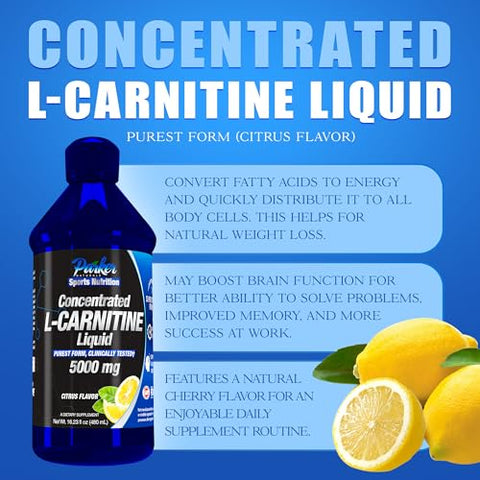 Parker Naturals - L-Carnitina Líquida Concentrada, 5000mg Natural Sabor Cítrico, Suplemento L-Carnitina Líquida com Vitamina V5, 480ml