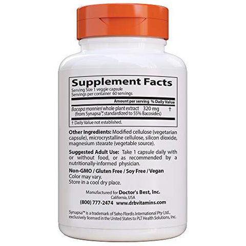 Doctor's BEST - Doctor’s Best Bacopa com Synapsa: Melhora a Memória, Antioxidante, Não-OGM, Vegano, Sem Glúten