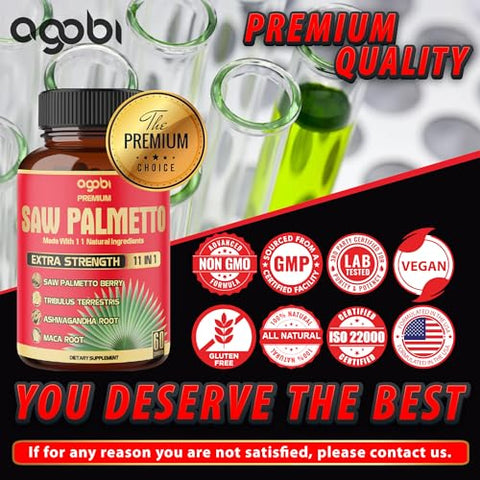 agobi - 2 Pacotes 60 Unidades 4 Meses – Cápsulas de Saw Palmetto 5300 mg – 11 em 1 com Ashwagandha, Cúrcuma, Tribulus, Maca, Chá Verde, Manjericão Sagrado