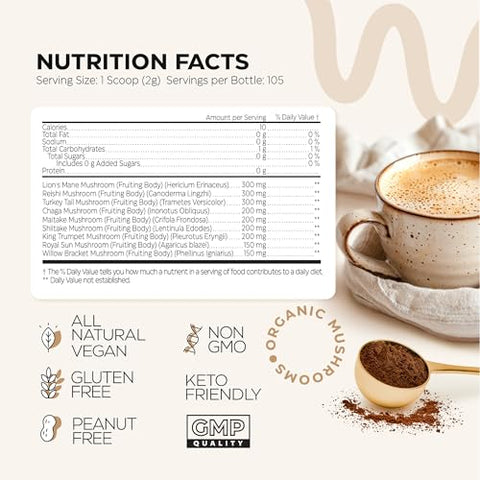 Wellneum - Café de Cogumelo – Mix de 9 Adaptógenos de Cogumelo – Cogumelo do Leão, Chaga, Cauda de Peru, Reishi, Shiitake – Café de Cogumelo Instantâneo para Saúde Intestinal, Imunidade e Estimulação Cerebral – Amigo da Dieta Keto