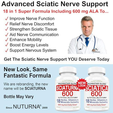 Nuturna - Fórmula de Suporte para Alívio do Nervo Ciático com 600 mg de Ácido Alfa Lipóico – Fórmula 18 em 1 para Ciática na Região Lombar, Quadril, Perna, Pé – Curcumina de Cúrcuma – 120 g