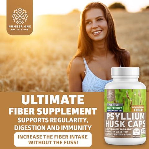 Number One Nutrition - N1N Premium Cápsulas de Casca de Psyllium [Tudo Natural, 1450 MG] Suplemento Poderoso de Fibra Solúvel para Apoiar a Regularidade e Saúde Digestiva, 240 Caps