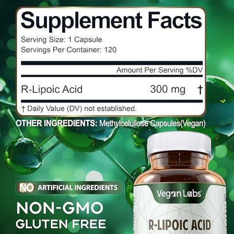 Ácido R-Lipoico 300MG, 120 Cápsulas Veganas – Suporte à Energia Celular e Proteção Antioxidante – Livre de Glúten, Não-OGM, Suplemento de R-ALA Estabilizado – Fornecimento de 4 Meses - Vegan Labs
