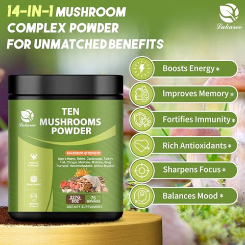 Lukaree - 14 em 1 Pó de Cogumelo para Preparo de Café, 227g Suplemento de Cogumelo com Cabeça de Leão, Chaga, Reishi, Cauda de Peru, Extrato de Cogumelo Cordyceps em Pó, etc, Mistura de Cogumelos para