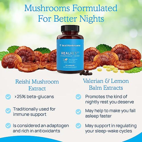 RealRest – Cápsulas de Reishi para Relaxamento (60 unid) – Reishi Orgânico com Melissa – Complexo de Cogumelos para Descanso - Real Mushrooms