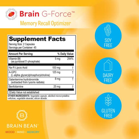 Brain Bean - Brain G-Force | Potencialize a Função Cerebral | com Galantamina, Ácido R-Lipoico, A-GPC e Benfotiamina | 45 Porções