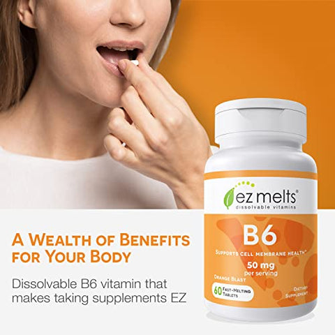 Vitamina B6 50 mg Dissolvível, Sem Açúcar, 1 Mês de Fornecimento – Comprimidos Fáceis de Tomar - EZ Melts