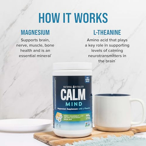 Calm Mind: Pó de Citrato de Magnésio L-Teanina, Suporte para uma Resposta Saudável ao Estresse, Sem Glúten - Natural Vitality
