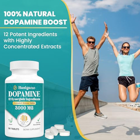 Basigano - Suplemento Natural de Dopamina para Energia, Foco, Motivação, Alerta Mental, Humor e Estresse – Sem OGM, Sem Glúten – 90 Comprimidos