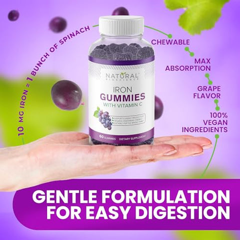 Natural BioScience - Gummies de Ferro com Vitamina C – Suplemento Mastigável para Anemia por Deficiência de Ferro, Suporte às Células Vermelhas do Sangue, Energia, Função Imunológica, Saúde Cerebral, Máxima Absorção, Sabor Uva, 60g