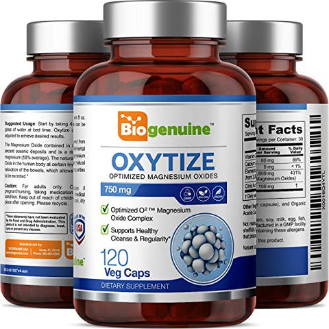Biogenuine - Oxytize 750 mg 120 Vcaps – Limpeza Suave do Cólon à Base de Oxigênio com Óxido de Magnésio Natural – Favorece a Regularidade do Trato Digestivo Saudável