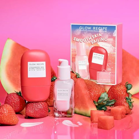 Conjunto de cuidados com a pele Glow Recipe Smooth Skin Sailing – Hidratante Facial Watermelon Glow Pink Juice (25ml) + Redutor de Poros Strawberry BHA (30ml)