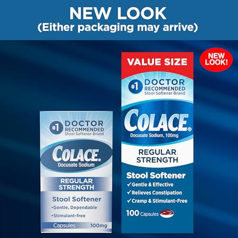Cápsulas 100 mg 100 Unidades – Alívio Suave e Confiável da Constipação Ocasional com Docusato de Sódio Livre de Estimulantes - Colace