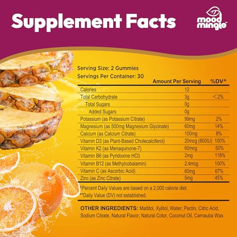 Mood Mingle - MoodMingle Gomas de Suplemento de Potássio Magnésio Glicinato – Alta Absorção – Mastigáveis de Potássio com Cálcio Vitaminas B6 B12 C D3 K2 Zinco – Vegano Sem Açúcar Sem Glúten para Crianças – 100g