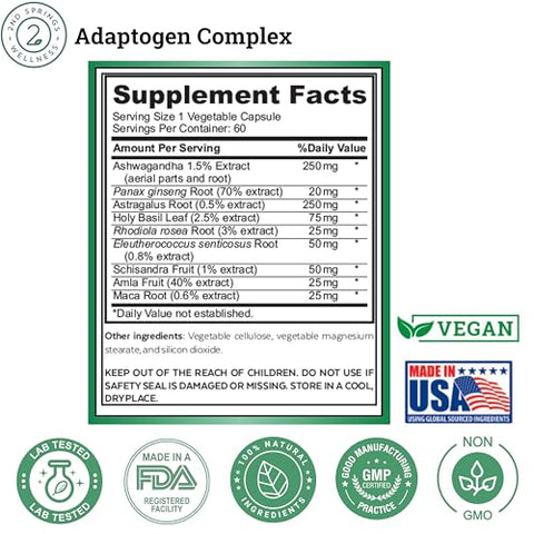 2nd Springs - Adaptogen Complexo Calmante, Energia e Vitalidade – Ashwagandha, Schisandra, Astragalus, Ginseng, Rhodiola e Mais – Promove Equilíbrio, Foco e Bem-Estar Geral – 60 Ct