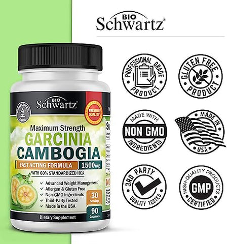 BioSchwartz - Garcinia Cambogia Pílulas para Perda de Peso – 1500mg Extrato Puro de HCA – Supressor de Apetite de Ação Rápida – Queimador de Gordura para Mulheres e Homens para Auxiliar na Perda de Peso – Bloqueador de Carboidratos Metabolismo