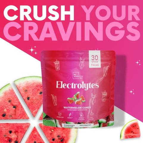 My Adventure to Fit - Pacotes de Pó de Melancia Zero Açúcar com Eletrólitos (30 Unidades) – Ingredientes Naturais, Energia Livre de Cafeína para Hidratação Refrescante – Vegano, Keto, Paleo Sem Açúcar