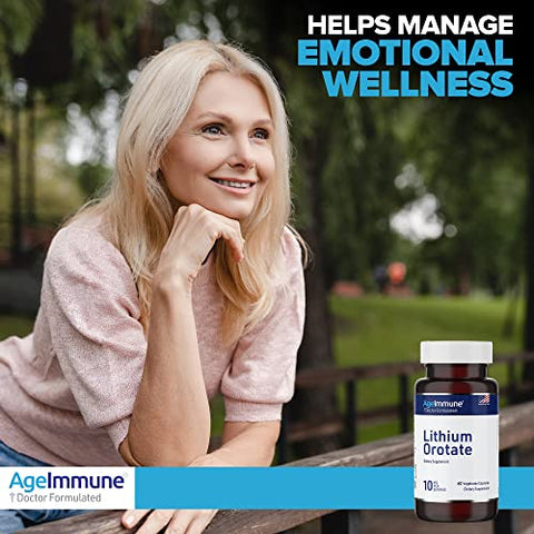 AgeImmune - Suplemento Lithium Orotate 10mg, 60 Cápsulas Vegetarianas. Suporte para Memória e Bem-Estar Emocional. Livre de Estearato de Magnésio