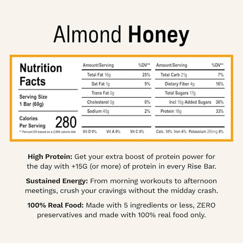 Barras de Proteína Rise Café da Manhã Amêndoa Mel, 18g Proteína, 57g (12 Unidades)