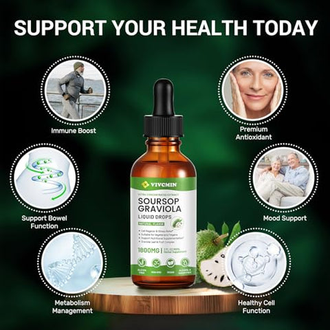 vivcmin - Extrato Líquido de Folha de Graviola Soursop Orgânico – Amargo de Soursop Líquido, Estimulante Imunológico, Relaxante, Fígado e Sono, Vegano, Sem Açúcar