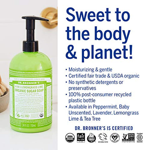 Dr. Bronner's - Dr. Bronner’s – Sabonete de Açúcar Orgânico (Capim-Limão, 64 Ounce) – Feito com Óleos Orgânicos, Açúcar e Pó de Shikakai, Uso 4 em 1: Mãos, Corpo, Rosto e Cabelo
