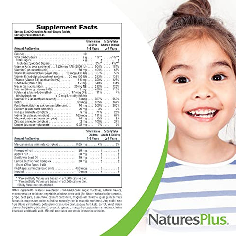 Animal Parade – Multivitamínico Infantil Mastigável – 90 Comprimidos em Formato de Animais – Sabores Naturais Sortidos – Vegetariano, Sem Glúten – 45 Porções - Natures Plus