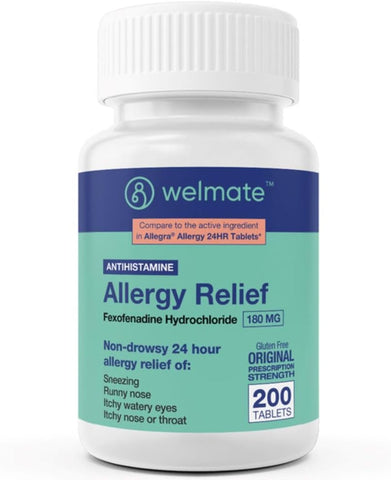 Alívio de Alergia | Fexofenadina HCl 180 mg | Antialérgico Não Sonolento | 200 Comprimidos – Marca WELMATE - WELMATE