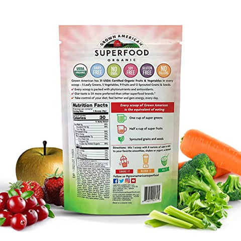 GA Grown American - Grown American Superfood – Pó Verde Concentrado de 31 Frutas e Vegetais Orgânicos Aumenta Energia e Desempenho – 100% Certificado Orgânico e Vegano Não-OGM (28g)