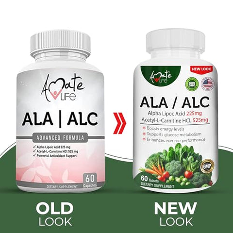 Fórmula de Alta Potência ALA/ALC – Melhor Ácido Alfa Lipoico e Acetil-L-Carnitina HCl – Suplemento Dietético – Suporte Antioxidante – Aumento de Energia – para Homens e Mulheres 60 Cápsulas - Amate Life