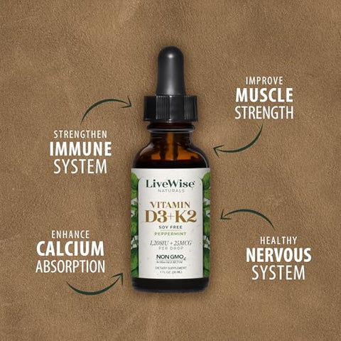 Live Wise Naturals - Vitamina D3 com K2 Líquida, Natural, Não GMO, 1208UI D3 e 25mcg K2 (MK7) por Porção, Fortaleça seus Ossos, Sistema Imunológico e Níveis de Energia, com ou sem Hortelã-Pimenta