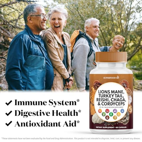 Superfood MD - Lions Mane 3000mg + Turkey Tail 2000mg + Reishi 1000mg + Cordyceps Chaga 1000mg com Raiz de Marshmallow – 180 Cápsulas