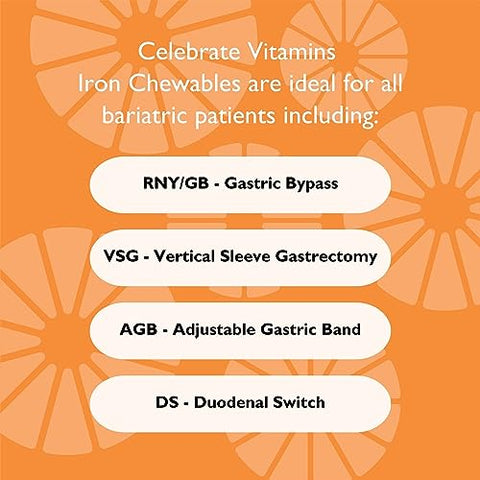 Celebrate Bariatric Supplements - Celebrate Vitamins Iron com Vitamina C Mastigáveis, 60 mg Ferro, Sabor de Frutas Vermelhas, Vitaminas Bariátricas para Pacientes de Cirurgia de Redução de Estômago, Contém 30 Unidades, 1g