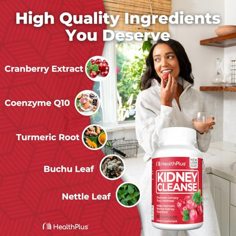 Advanced Kidney Cleanse com Extrato de Cranberry, Raiz de Cúrcuma e CoQ10, Ajuda a Apoiar a Função Saudável dos Rins - Health Plus