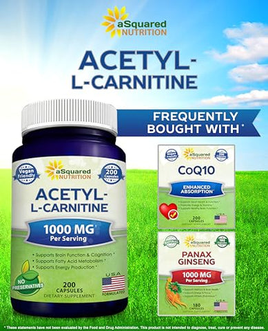Acetyl L-Carnitine 1000mg Max Strength – 200 Cápsulas Vegetais – Alta Dosagem de Acetil L Carnitina HCL (ALCAR) para Suporte à Energia Pura, Cérebro - aSquared Nutrition