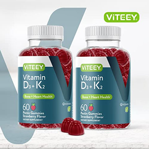 Viteey - Vitaminas D3 K2 Gummies – 1000 UI de Vitamina D3 e K2 100mcg – Fortalecimento Ósseo