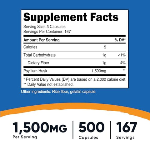Psyllium Husk 1500mg por Porção, 500 Cápsulas – Não-OGM - Nutricost