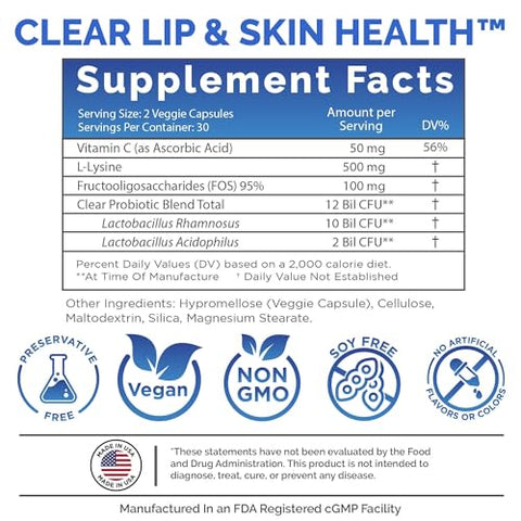 Clear Probiotics - Tratamento para Feridas Frias nos Lábios – L-Lisina Potencializada com Probiótico Acidophilus