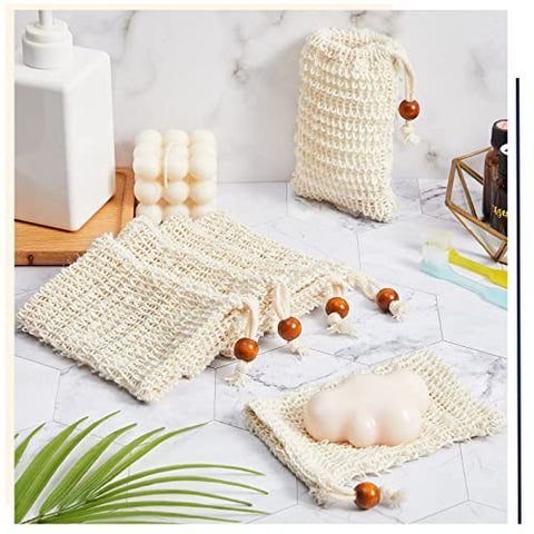 Bolsa de Sisal para Sabonete Cunhill – Pochete de Sabonete Esfoliante com Cordão e Conta de Madeira – Rede Esfoliante para Sabonete Líquido – Secagem e Espuma – Banho e Higiene