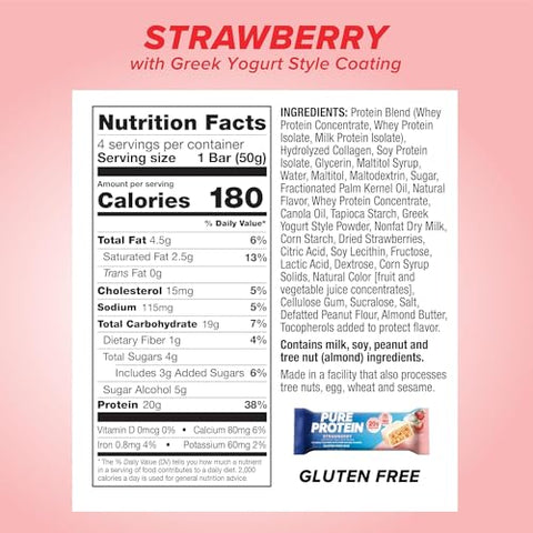 Lulurose - Barras de Proteína Pura, Iogurte Grego de Morango, 20g de Proteína, Lanches Nutritivos para Energia 8 Unidades | Lanches Nutritivos para Energia, Baixo teor de Açúcar, Sem Glúten