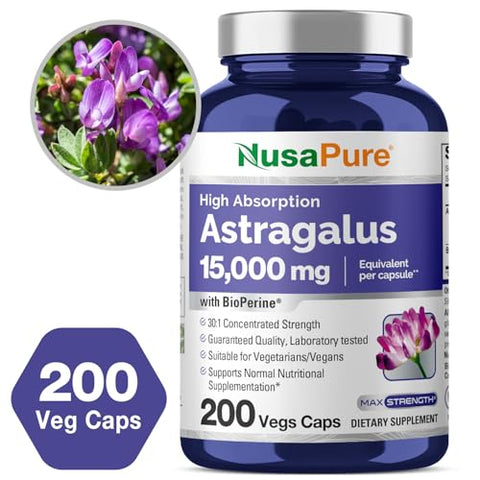 Astragalus 15,000mg por Cápsula 200 Cápsulas Vegetais (Vegetariano, Não-OGM, Vegano) – Comprar Agora! - NusaPure
