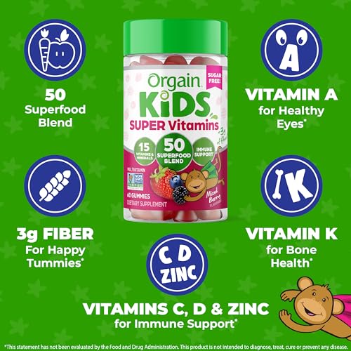 Kids Gummies Vegan 50 Superfoods 15 Vitaminas Minerais Suporte Imunológico 3g Fibra Mixed Berry 4 Anos 1 Mês (60 Gummies) - Orgain
