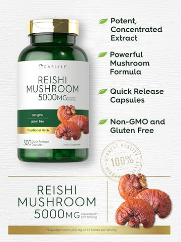 Reishi Mushroom 5000mg | 300 Cápsulas | Extrato de Reishi Sem GMO e Sem Glúten - Carlyle
