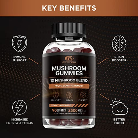 EFFECTIVE NUTRA - Mushroom Gummies 10 Blend – Complexo de Cogumelos 2500mg – Impulsionador Cerebral, Suporte Imunológico, Energia – Suplemento de Cogumelos para Homens