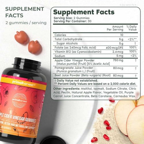 Gummies de Vinagre de Maçã, 60 Gomas Sem Açúcar de Vinagre de Maçã, Beterraba e Romã para Apoiar a Imunidade, Digestão e Desintoxicação 750 MG - Primal Harvest