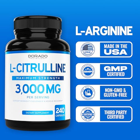 DORADO NUTRITION - L Citrulline 3000mg – 240 Cápsulas – Suporte L Arginina